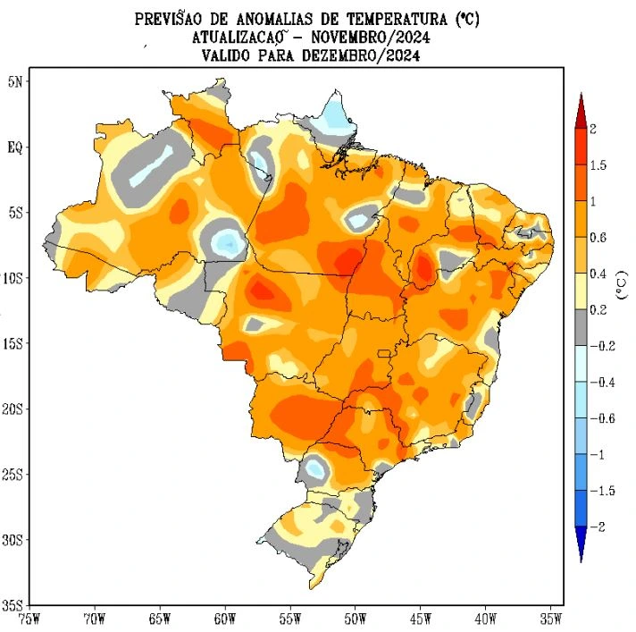 A imagem mostra um mapa para a temperatura do mês de dezembro em todo o país